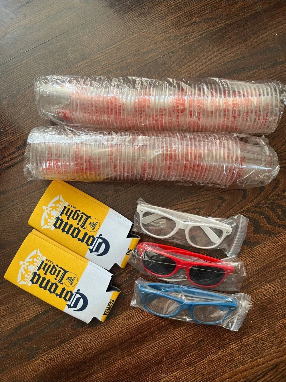 Corona-Branded Yellow Can Coolers with Red, White & Blue Party Glasses